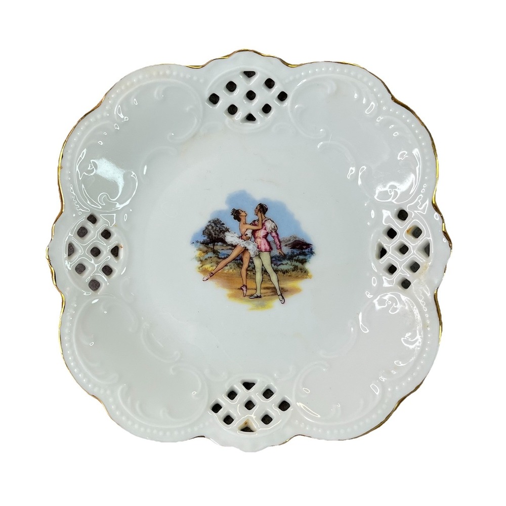 Vintage Reticulated Porcelain Trinket Dish Ballerina Couple Gold Gilt RD Mark